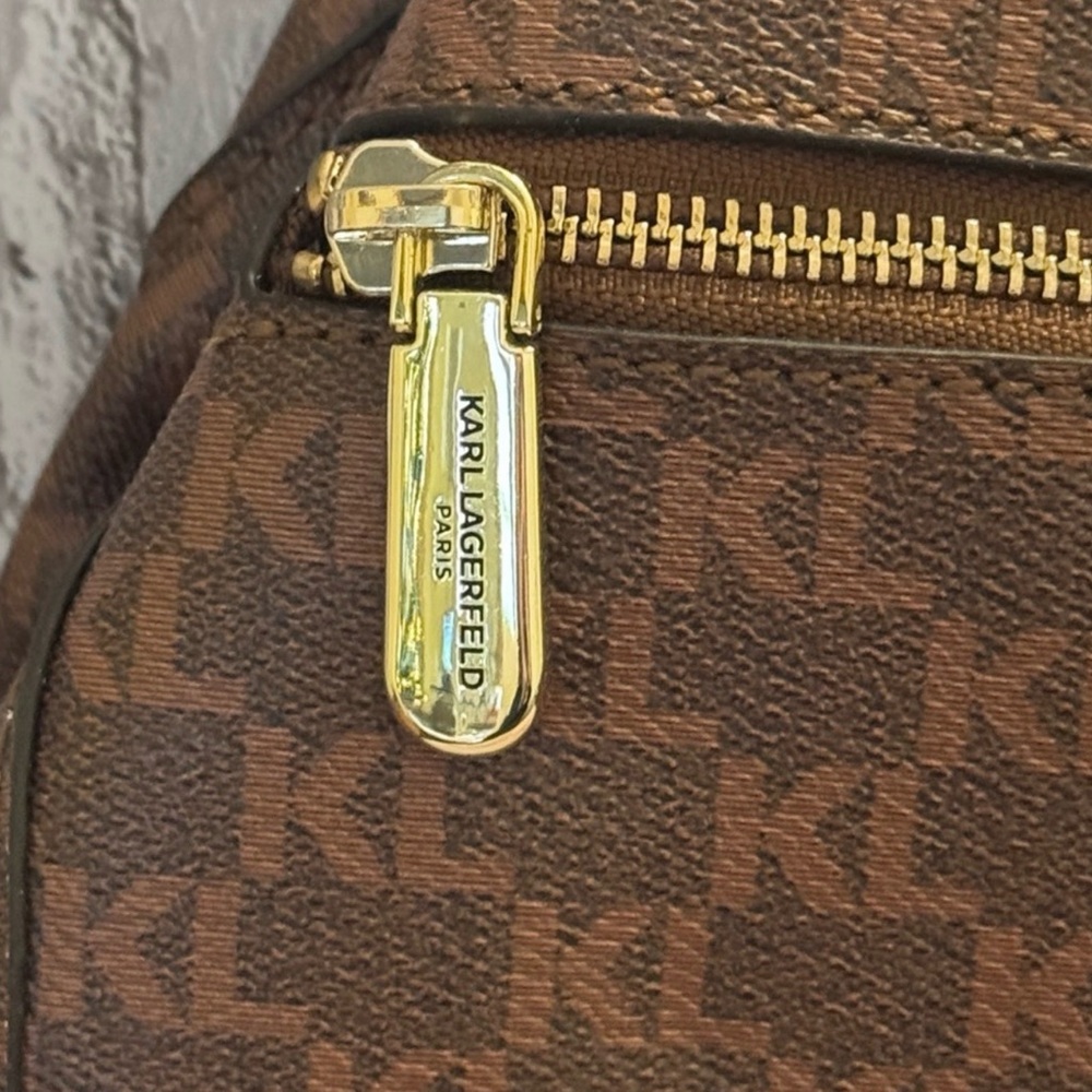 Karl Lagerfeld Paris Vegan Brown Monogram Triple Entry Tote Handbag - Picture 2 of 12
